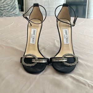 Jimmy Choo Open Toe Black Heel Sandals with Swarovski Crystal Design